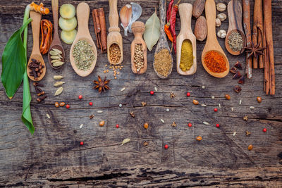 High angle view of spices on table