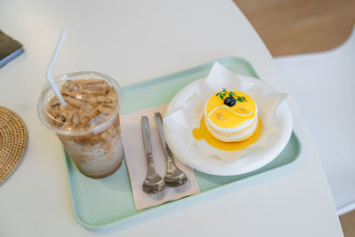 High angle view of dessert in plate on table