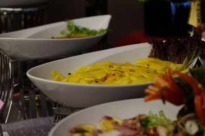 Close-up of food served on table