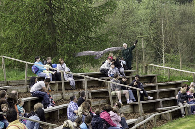 People on footbridge in forest