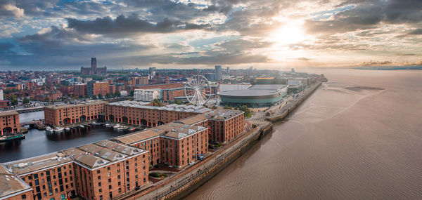 Beautiful panorama of liverpool waterfront in the sunset.