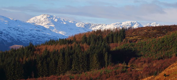 Scenic view of snowcapped mountains against sky