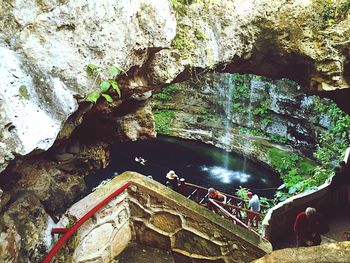 Woman standing on tree trunk