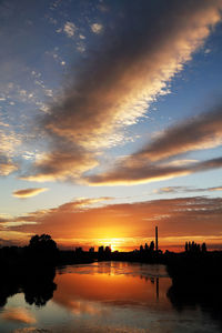 Scenic view of river against cloudy sky during sunset