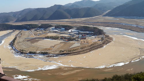 High angle view of mountains against sky