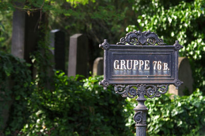 Close-up of information sign against trees