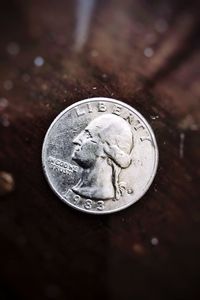 High angle view of coins on table