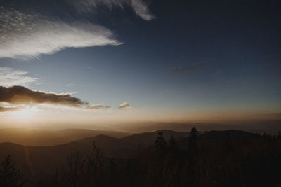 Scenic view of silhouette mountain against sky at sunset