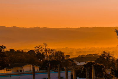 Scenic view of silhouette trees against orange sky