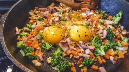 High angle view of breakfast on table