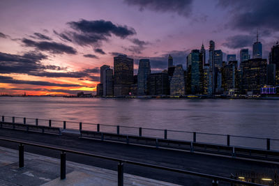 East river by buildings against sky at sunset