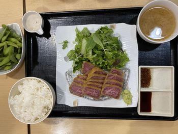 High angle view of meal served on table