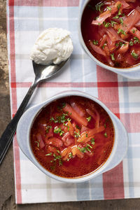 High angle view of soup in bowl on table