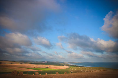 Scenic view of agricultural field and sea against sky