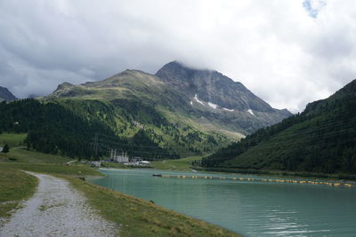 Scenic view of lake and mountains against sky