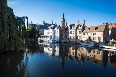 Reflection of buildings in water against clear blue sky