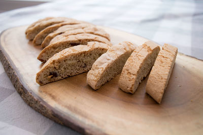 Close-up of biscottis served in plate on table