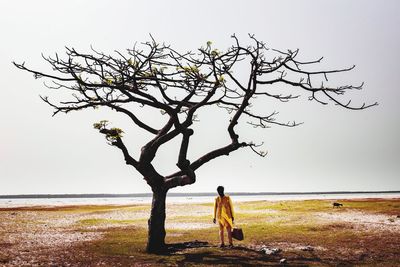 Full length of man standing by bare tree on field