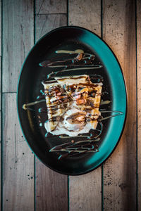 High angle view of food in plate on table