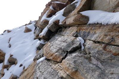 Low angle view of rock formation against sky during winter