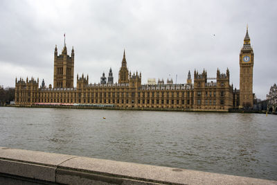 Buildings by river against cloudy sky