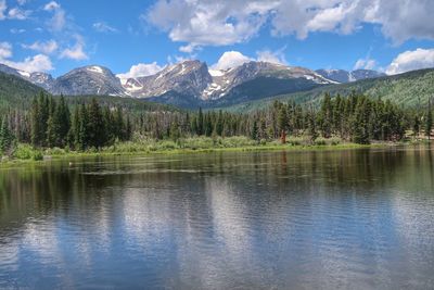 Scenic view of mountains and lake against cloudy sky