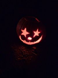 Close-up of illuminated pumpkin against black background