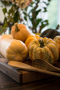 Close-up of pumpkins on table at market