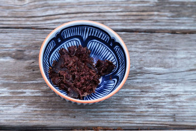 High angle view of food in bowl on table