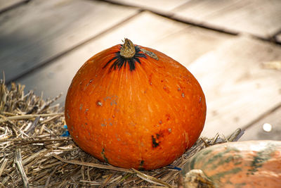 High angle view of pumpkins on wood