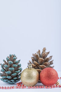 Close-up of fruits on table against white background