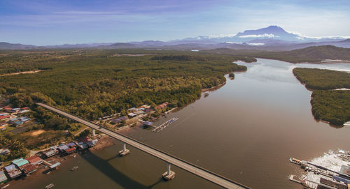 High angle view of lake amidst mountains against sky