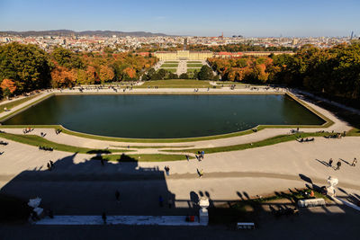 High angle view of lagoon and city 