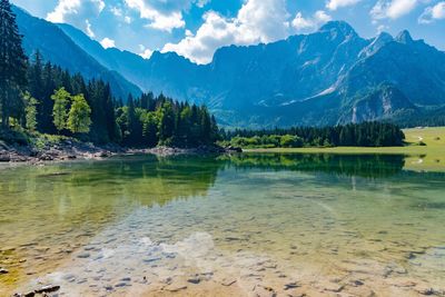 Scenic view of lake and mountains against sky