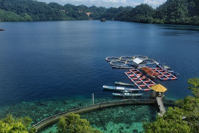 High angle view of boat in bay
