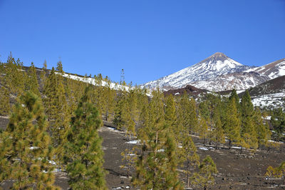 Scenic view of snowcapped mountains against clear sky