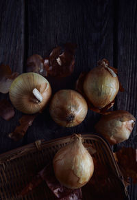 High angle view of mushrooms in basket on table