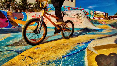 Low section of person with bicycle against sky