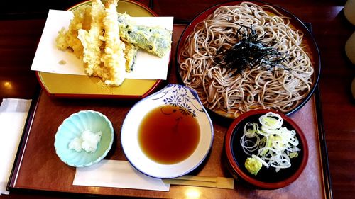 High angle view of food served on table