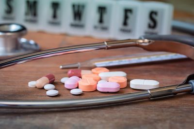 Close-up of medicines on table