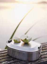 Slice of apple on lunch box over bench outdoors