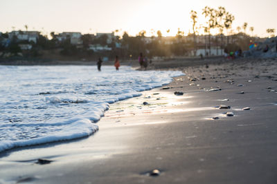 Close-up of waves flowing on shore at beach during sunset