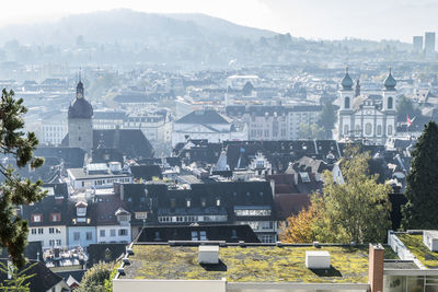 High angle view of buildings in city