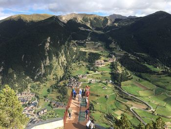 High angle view of mountain range against sky