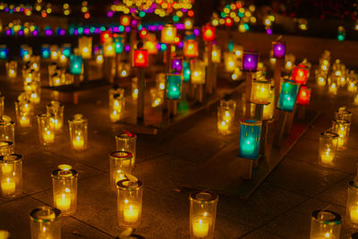 High angle view of illuminated lanterns at night