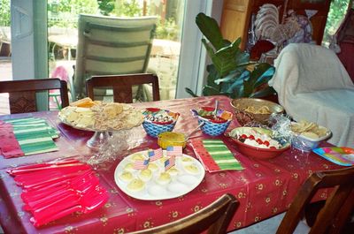 Close-up of breakfast on table at home