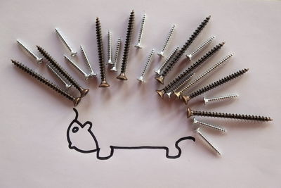 Directly above shot of screws arranged by porcupine drawing on paper