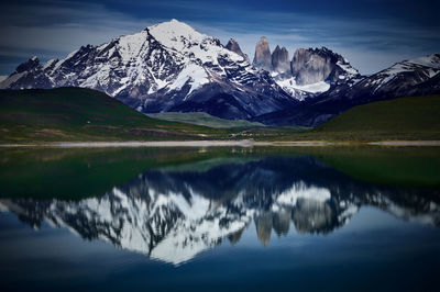 Scenic view of lake and snowcapped mountains against sky