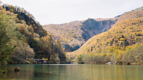 Scenic view of lake and mountains against sky