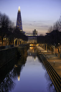 Reflection of trees in water at dusk